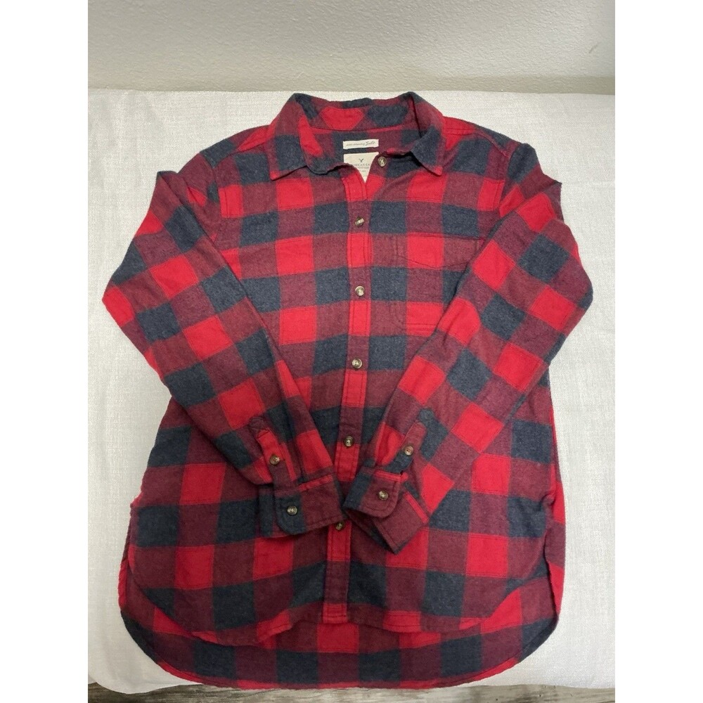 American Eagle Amazingly Soft Flannel Shirt Kids Red Black Buffalo Plaid Button